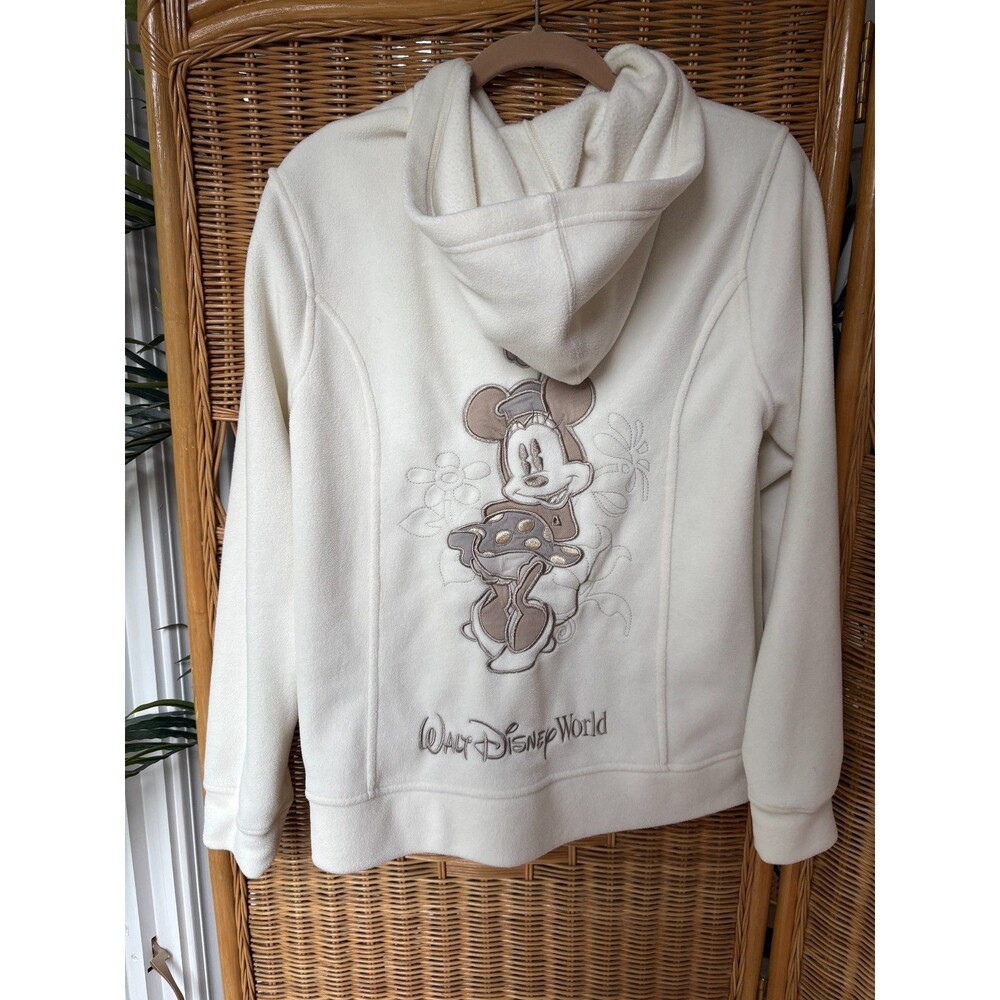 White Disney Fleece Zip Hoodie Embroidered Minnie Mouse Women's Large Ivory